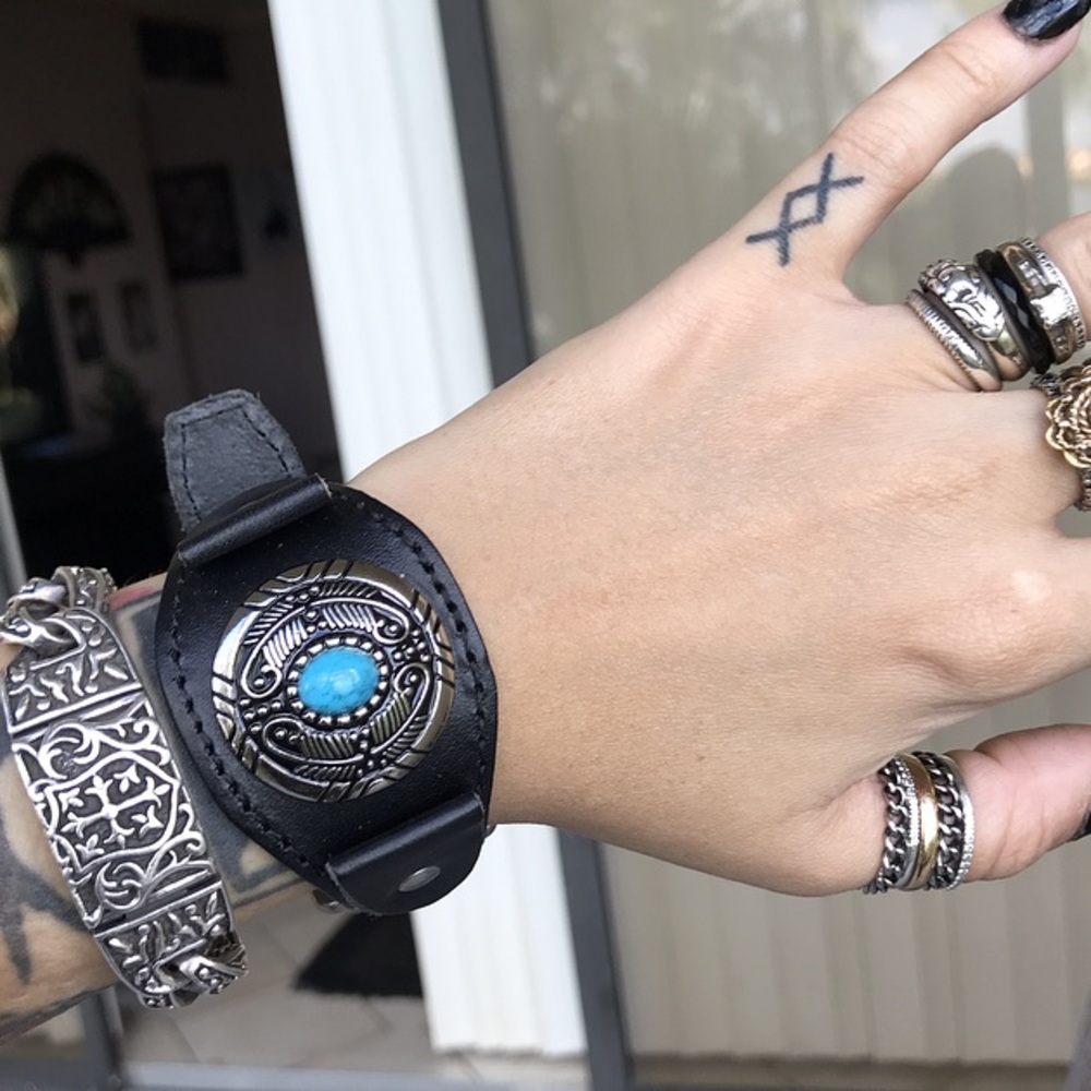 Handmade Black leather cuff silver totem blue gem - Picture 3 of 8